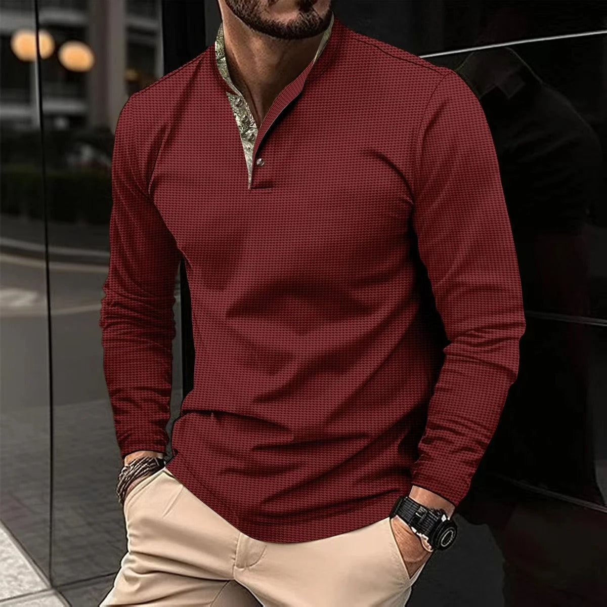 Herren - Elegantes Langarm Poloshirt - Atmungsaktives Material mit farbigem Kordelzugkragen - Stilvolles Freizeitoutfit